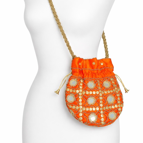 no brand Handbags - Handmade Embellished Drawstring Crossbody Bag – Gold Beaded Strap